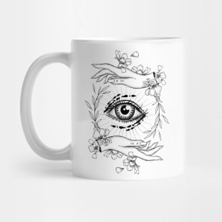 Third eye mystical symbol with woman hands and cute flowers. Mug